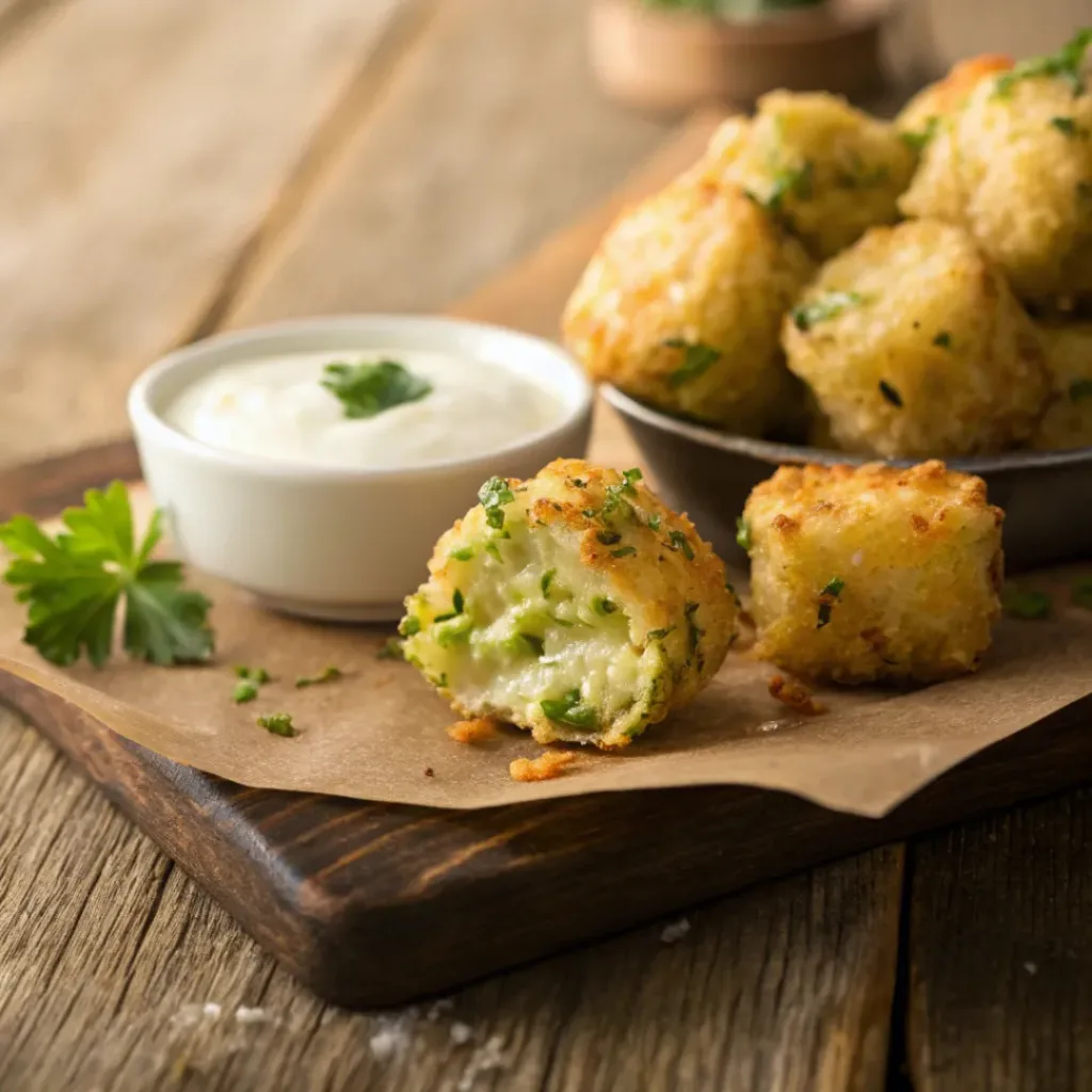 Cheesy Zucchini Tots – Crispy, Golden & Kid-Friendly Snack Bites 8 Crispy zucchini tots served with dipping sauce