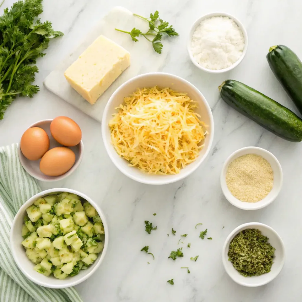 Cheesy Zucchini Tots – Crispy, Golden & Kid-Friendly Snack Bites 6 Flat lay of zucchini, cheese, eggs, and seasoning ingredients