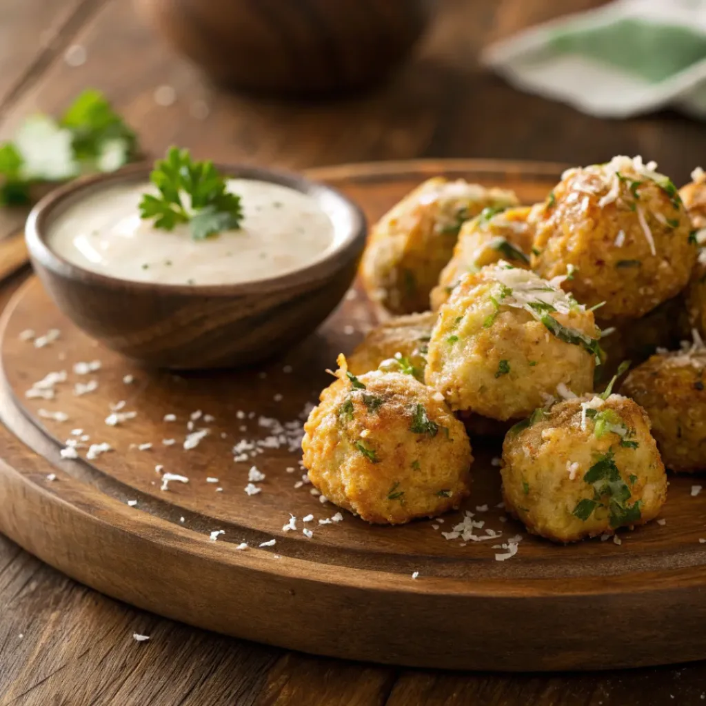 Home 6 Golden cheesy zucchini tots with dipping sauce