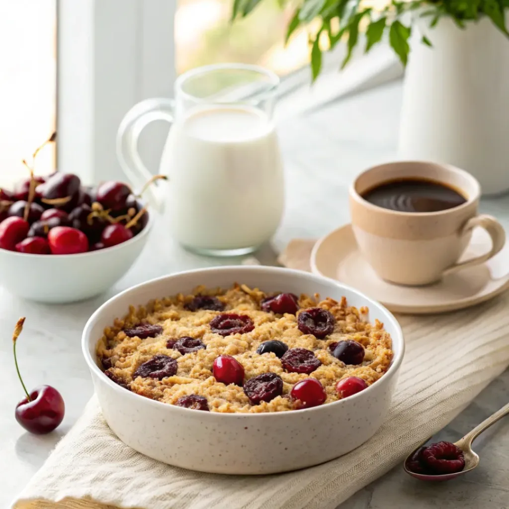 Cherry baked oatmeal served with yogurt and coffee