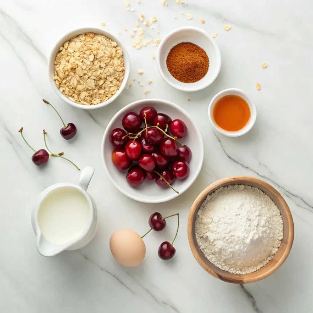 Flat lay of oats, cherries, milk, and breakfast baking ingredients