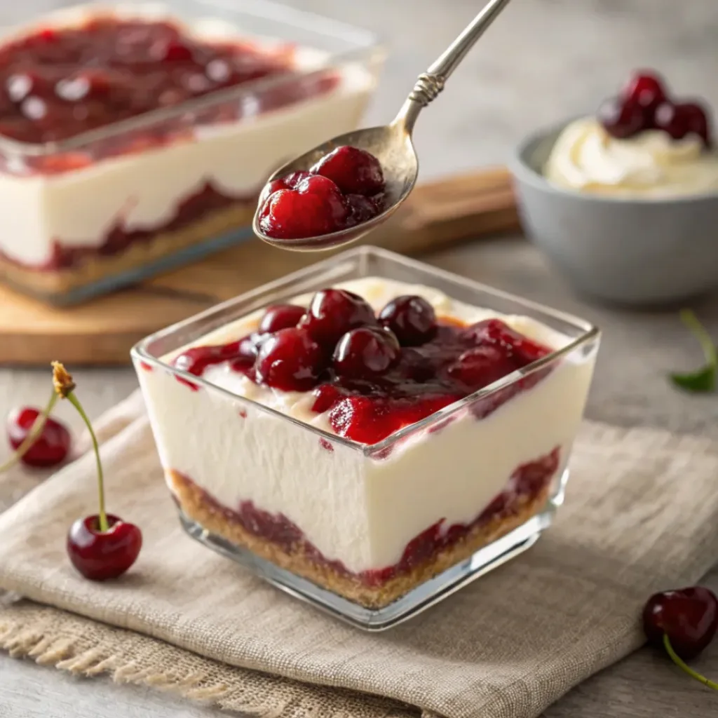 Cherry Cheesecake Lush – No-Bake Creamy Layered Dessert 8 Layered cherry cheesecake lush served in glass dish