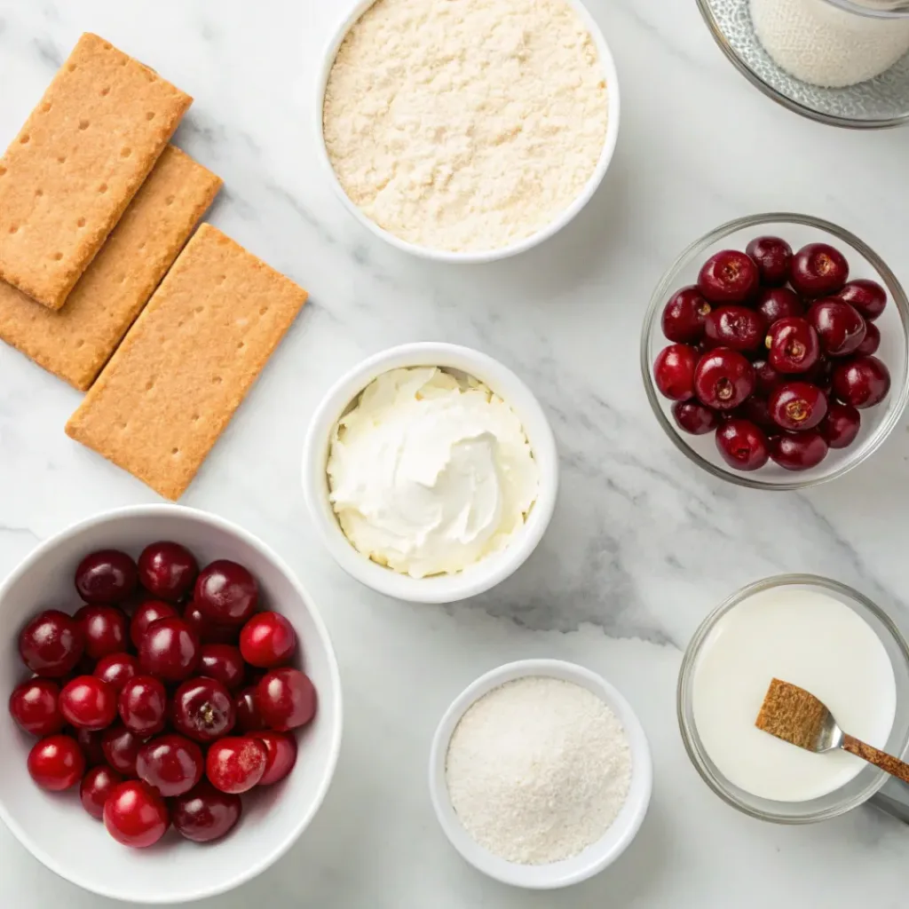 Cherry Cheesecake Lush – No-Bake Creamy Layered Dessert 6 Flat lay of cream cheese, cherries, graham crackers, and dessert ingredients