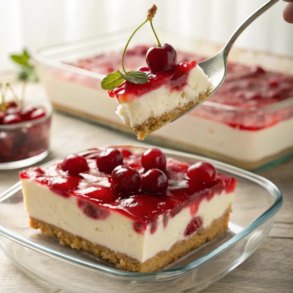Cherry cheesecake lush dessert with graham crust and cherry topping
