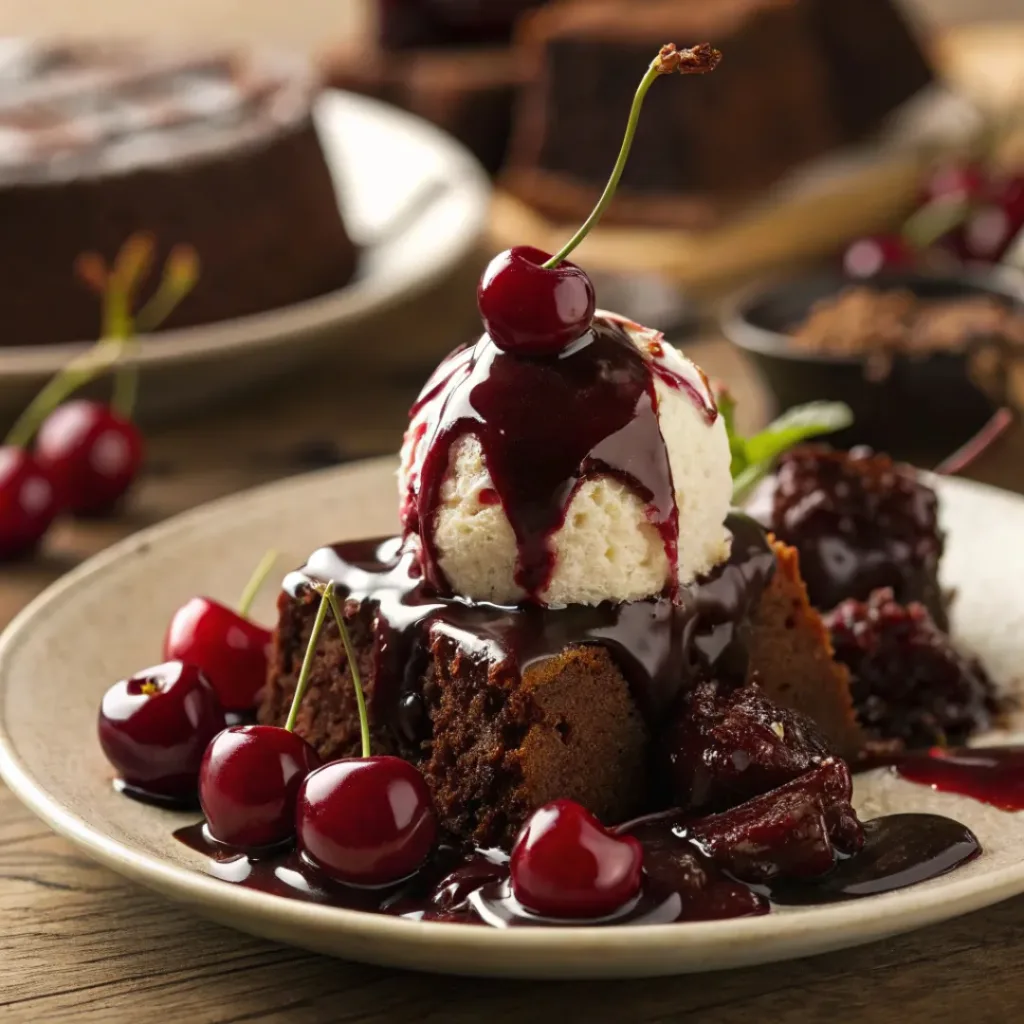 Cherry chocolate sauce drizzled over dessert with fresh cherries
