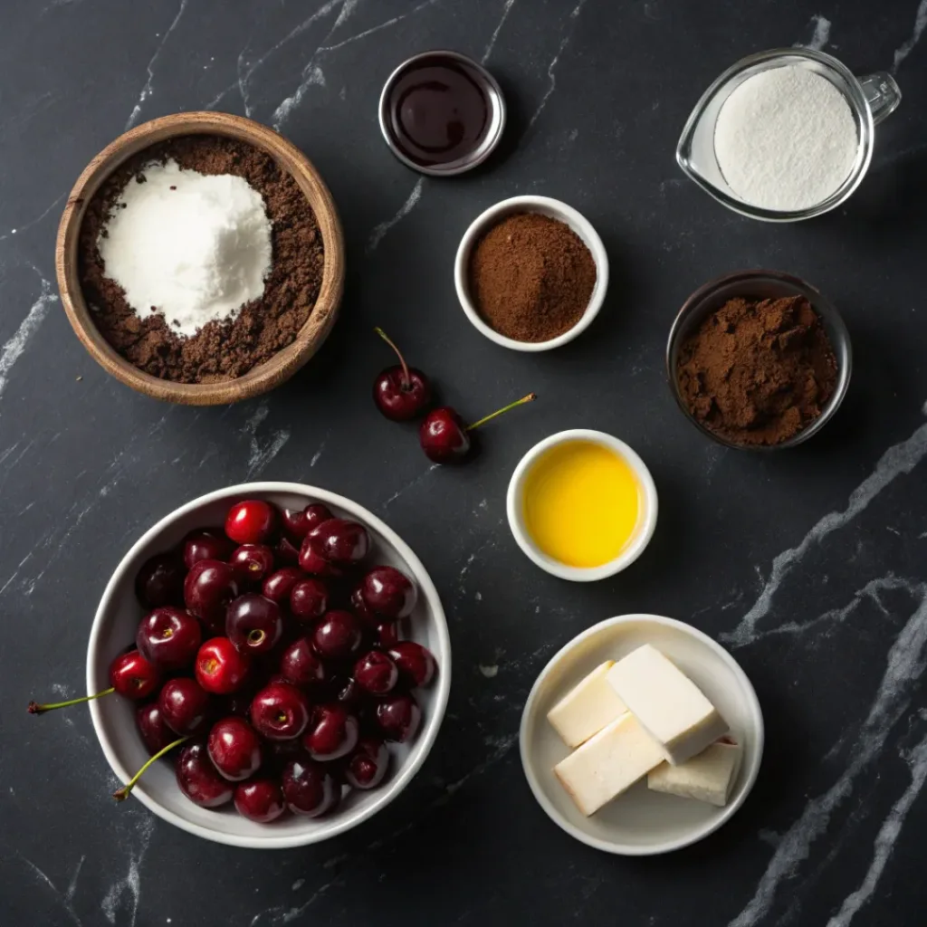 Flat lay of cherries, chocolate, cream, and sauce ingredients
