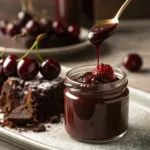 Thick cherry chocolate sauce in jar with spoon and chocolate drizzle