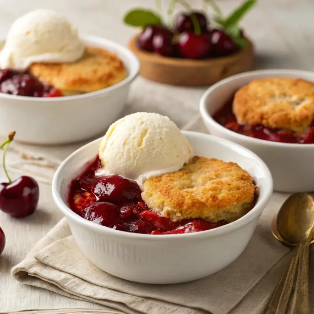 Cherry cobbler served with vanilla ice cream