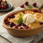 Warm cherry cobbler with golden crust and vanilla ice cream