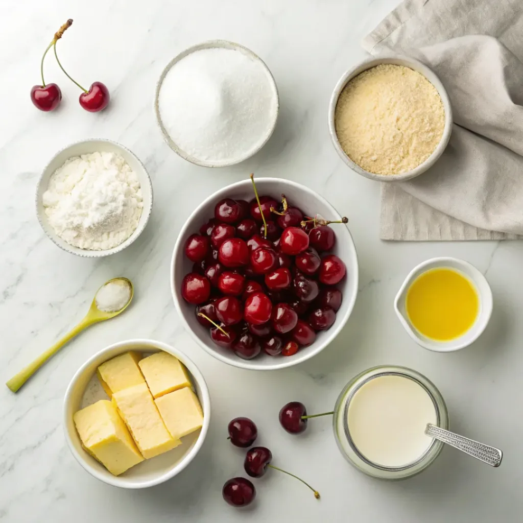 Flat lay of cherries, flour, butter, and baking ingredients