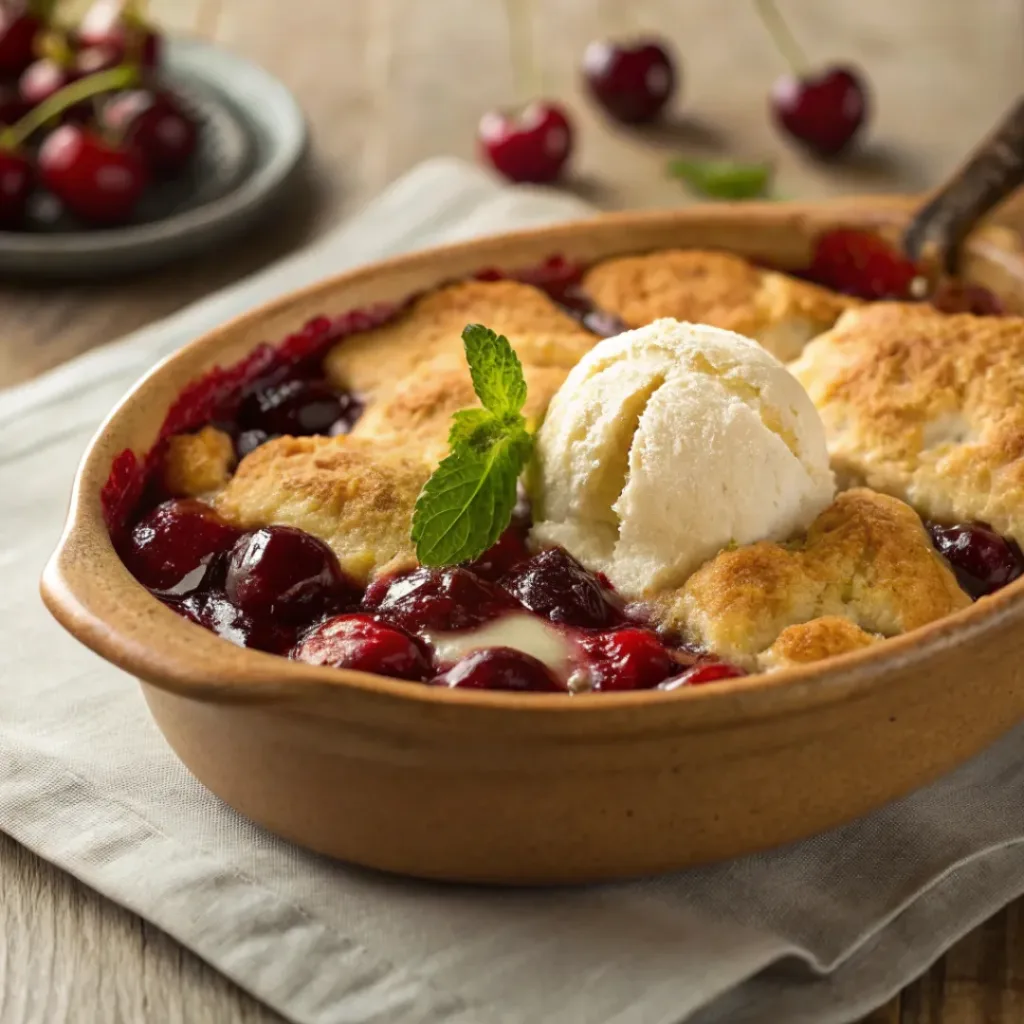 Warm cherry cobbler with golden crust and vanilla ice cream