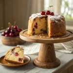 Cherry coffee cake with crumb topping and powdered sugar