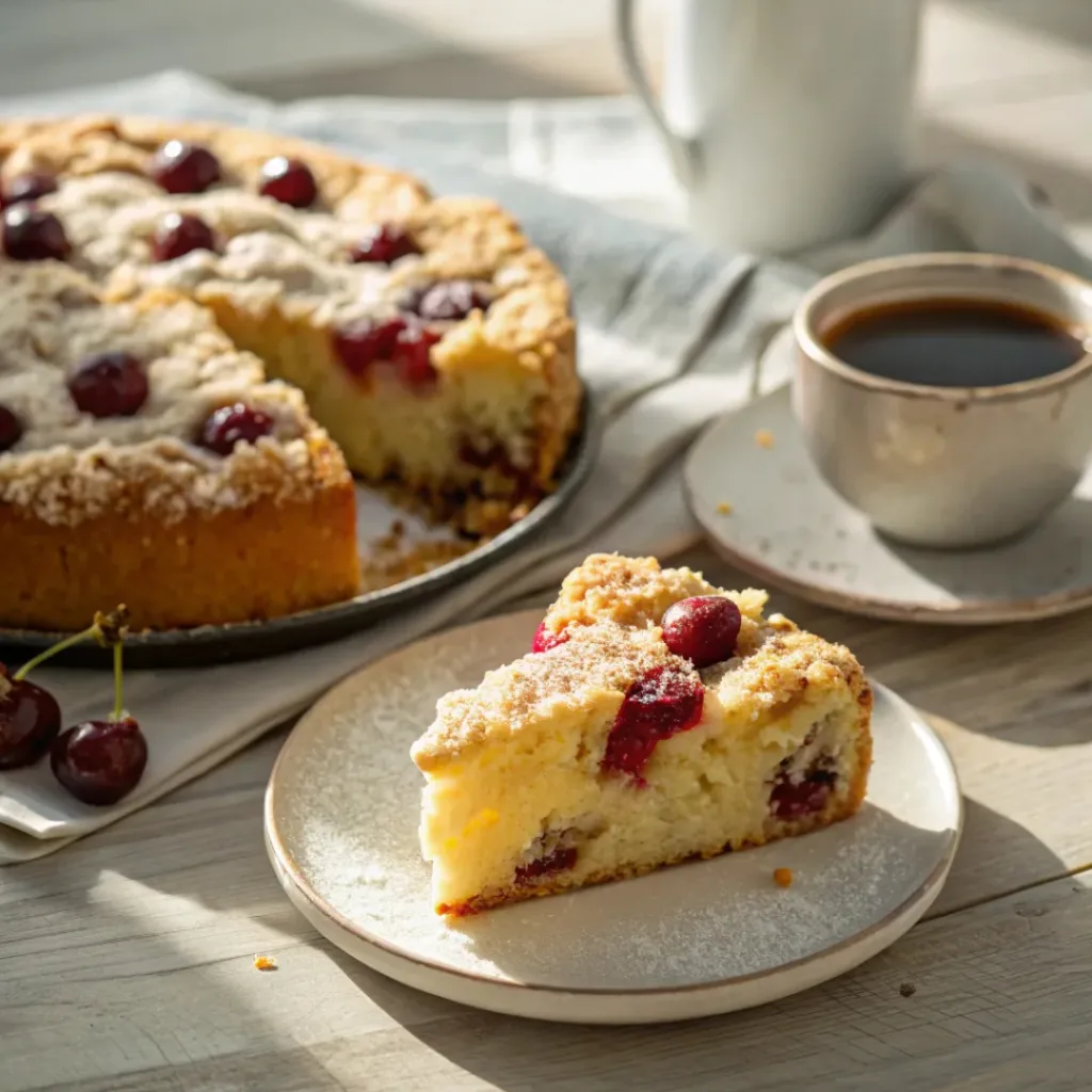 Cherry Coffee Cake – Soft, Buttery & Perfectly Fruity Breakfast Cake 8 Slice of cherry coffee cake served with coffee and powdered sugar