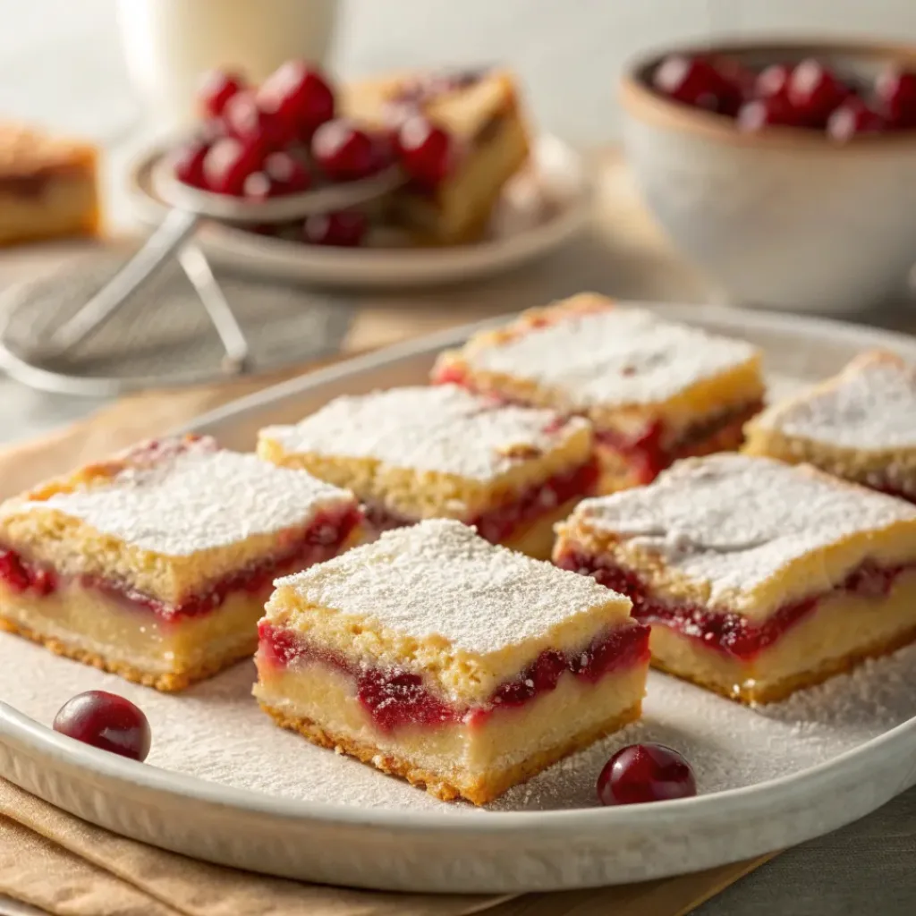 Cherry Pie Bars – Easy Sweet Cherry Dessert Bars 8 Cherry pie bars served with powdered sugar and coffee