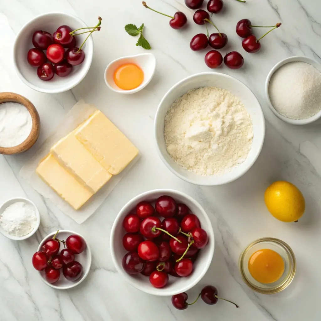 Cherry Pie Bars – Easy Sweet Cherry Dessert Bars 6 Flat lay of cherries, flour, butter, and baking ingredients