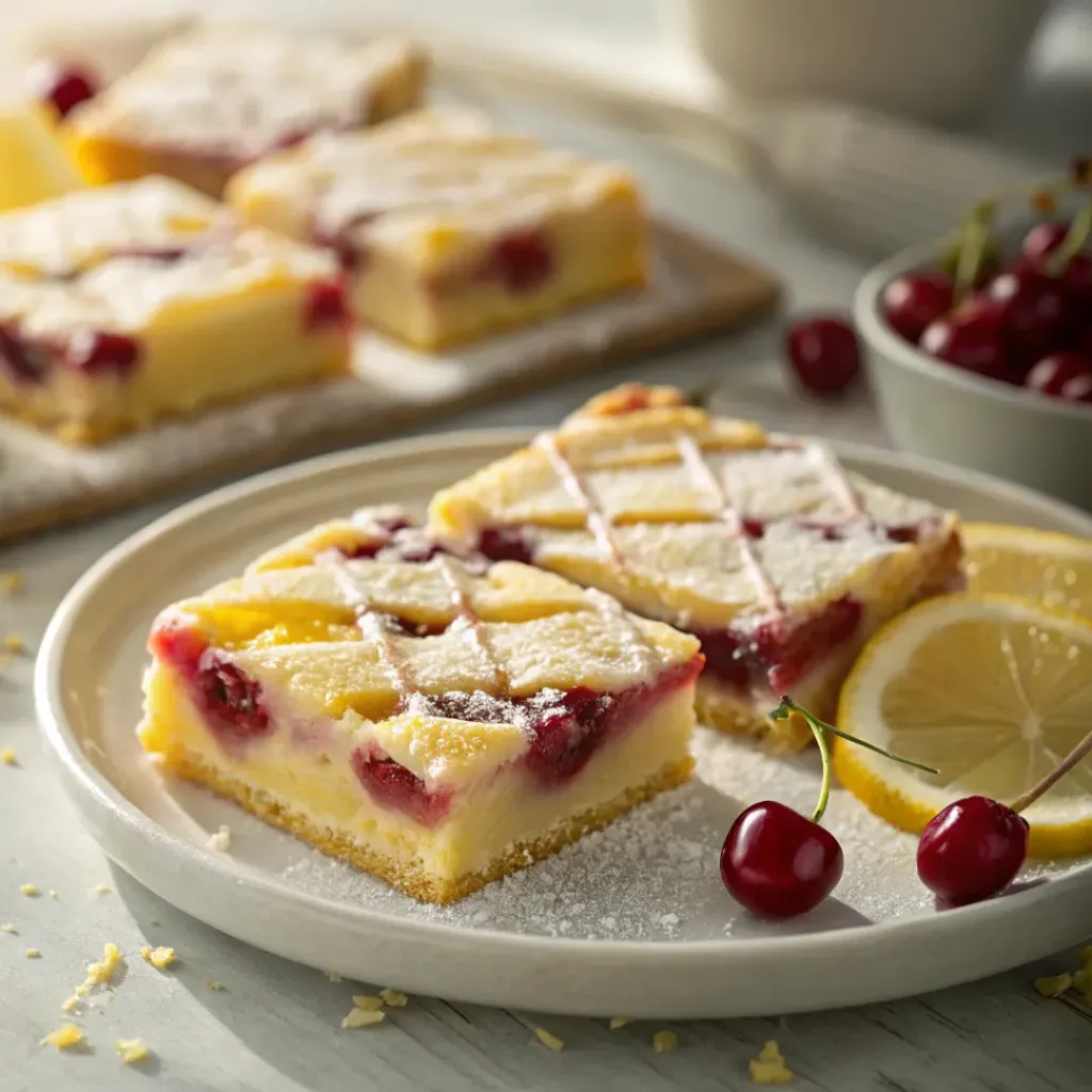 Cherry Pie Bars with Lemon Glaze – Buttery, Fruity & Sweet-Tart Dessert Bars 8 Cherry pie bars topped with lemon glaze and powdered sugar