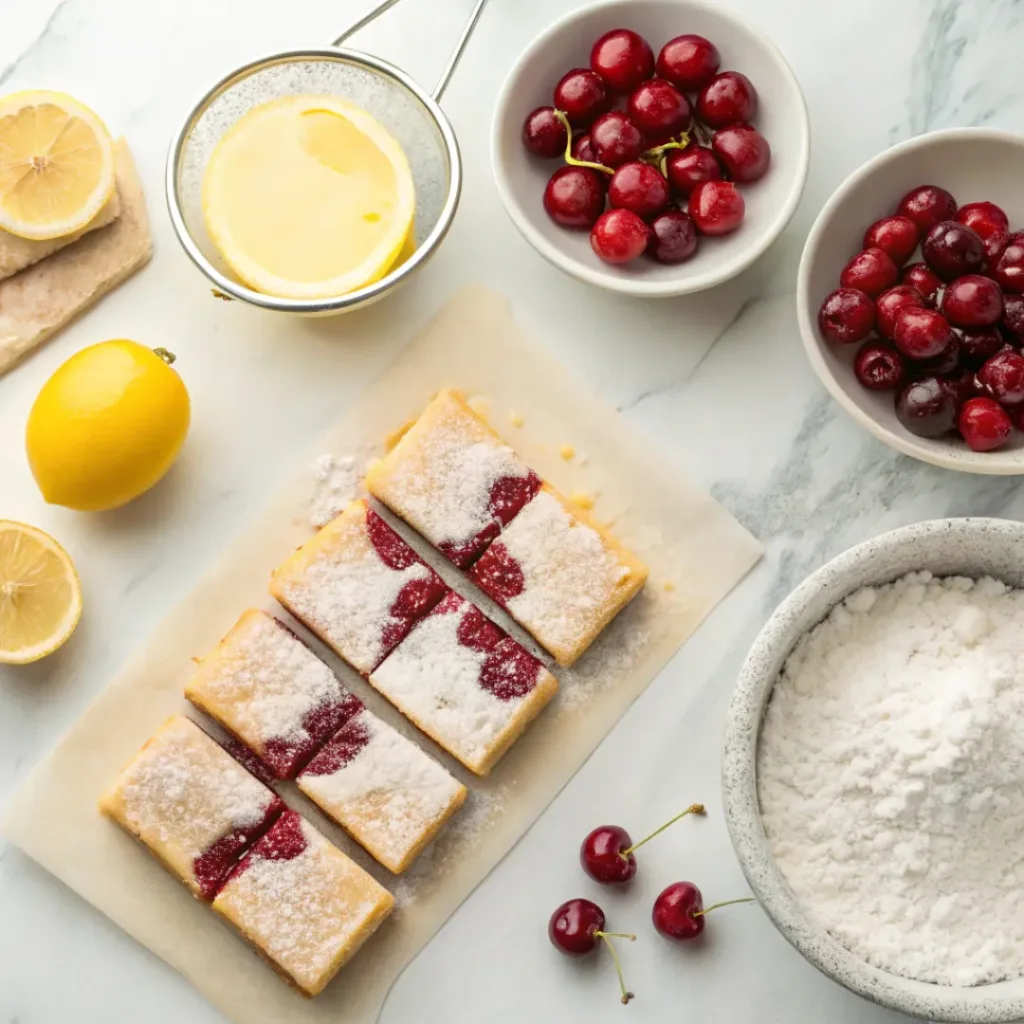 Cherry Pie Bars with Lemon Glaze – Buttery, Fruity & Sweet-Tart Dessert Bars 6 Flat lay of cherries, lemons, butter, flour, and baking ingredients