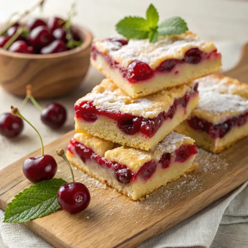 Cherry pie bars with crust, cherry filling, and crumb topping