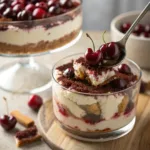Cherry tiramisu layered dessert with mascarpone and cherries
