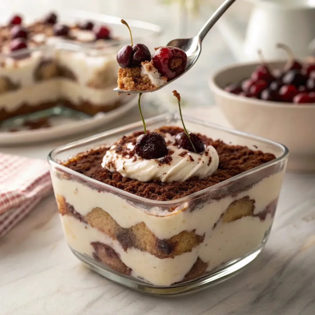 Cherry Tiramisu – Creamy, Fruity & Elegant No-Bake Dessert 8 Slice of cherry tiramisu with cream layers and cherry topping