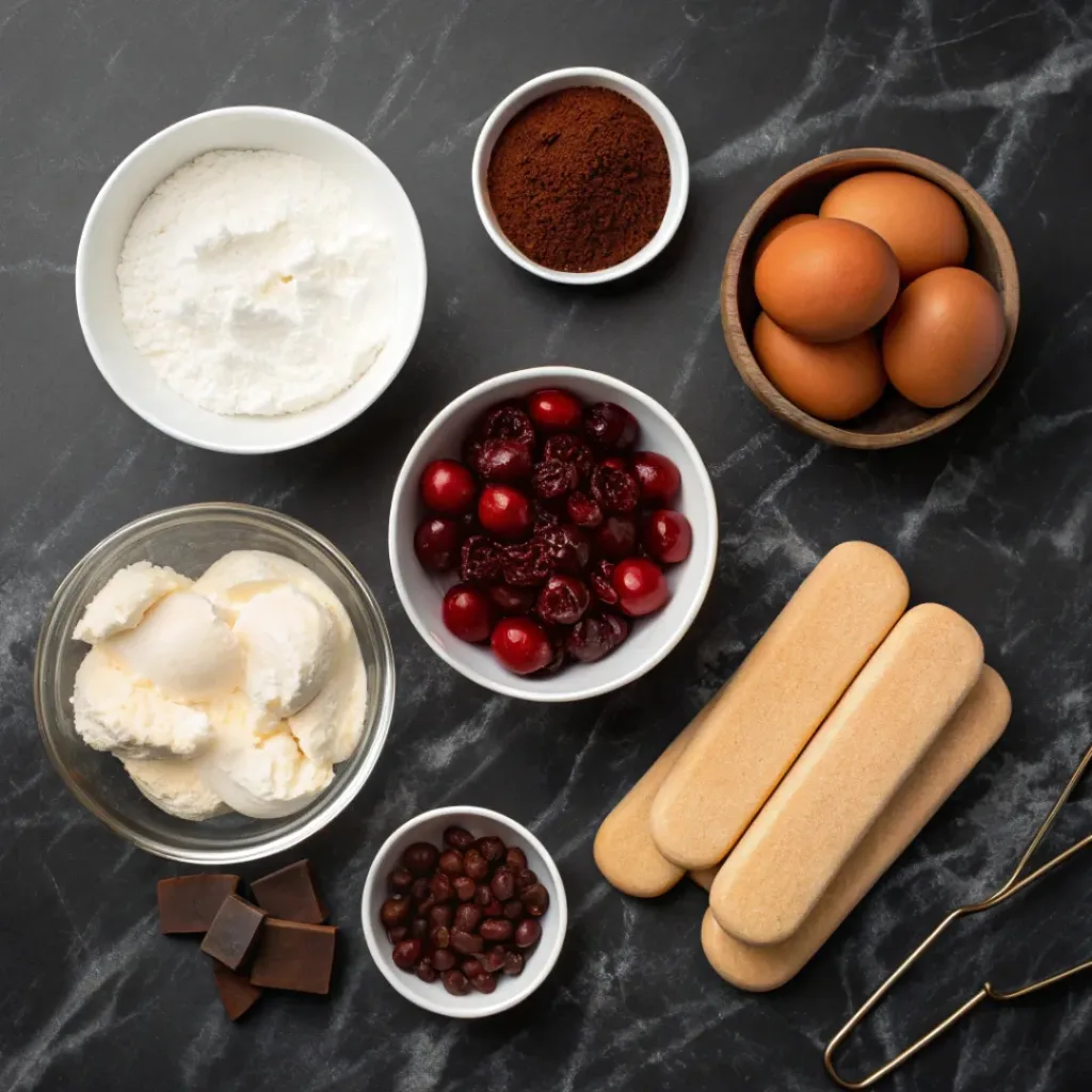 Cherry Tiramisu – Creamy, Fruity & Elegant No-Bake Dessert 6 Flat lay of mascarpone, ladyfingers, coffee, and cherries