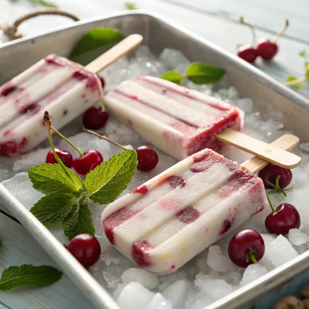 Cherry Yogurt Popsicles – Creamy, Fruity & Healthy Frozen Treat 8 Cherry yogurt popsicles served with fresh cherries and ice
