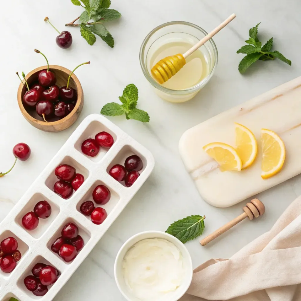 Cherry Yogurt Popsicles – Creamy, Fruity & Healthy Frozen Treat 6 Flat lay of cherries, yogurt, honey, and popsicle ingredients