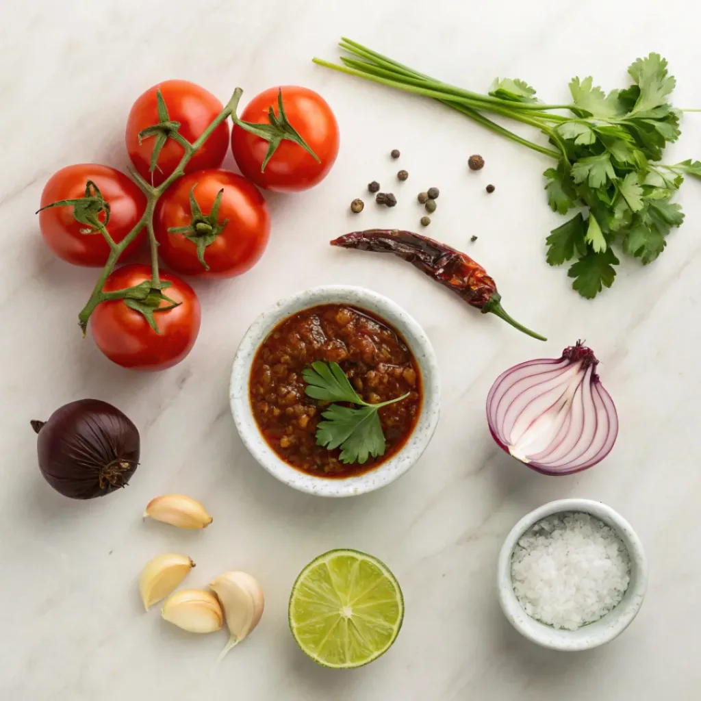 Flat lay of tomatoes, chipotle peppers, garlic, lime, and herbs