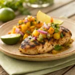 Grilled cilantro lime chicken topped with fresh peach salsa