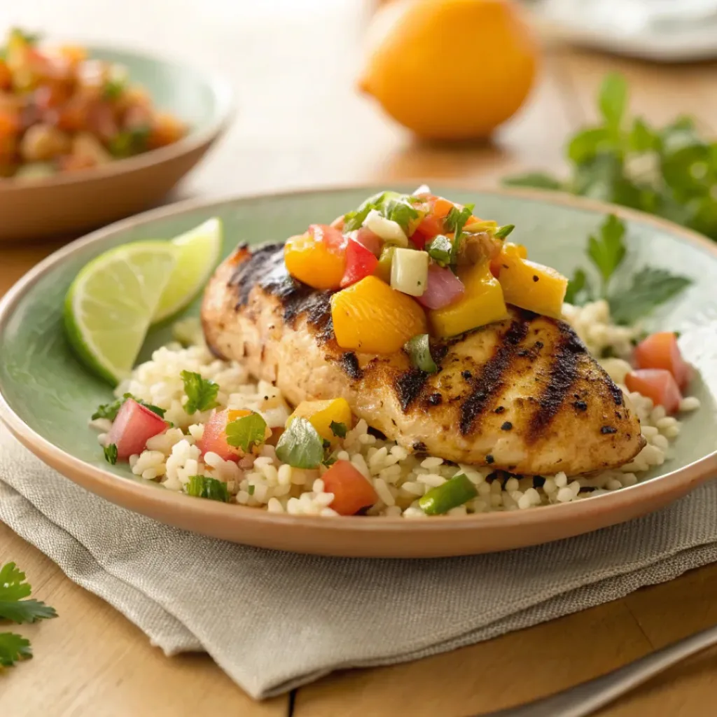 Cilantro lime chicken served with peach salsa and side dishes