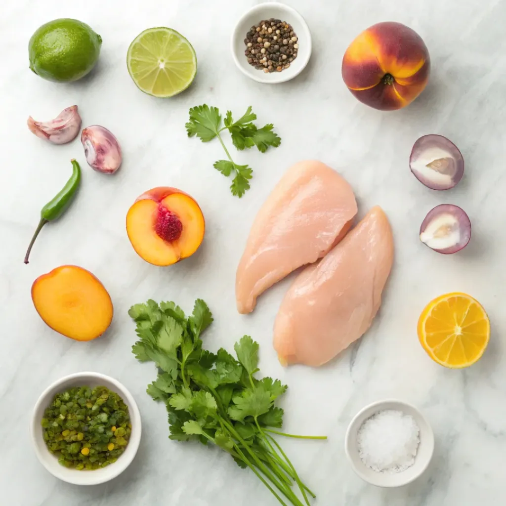 Flat lay of chicken, peaches, cilantro, lime, and salsa ingredients