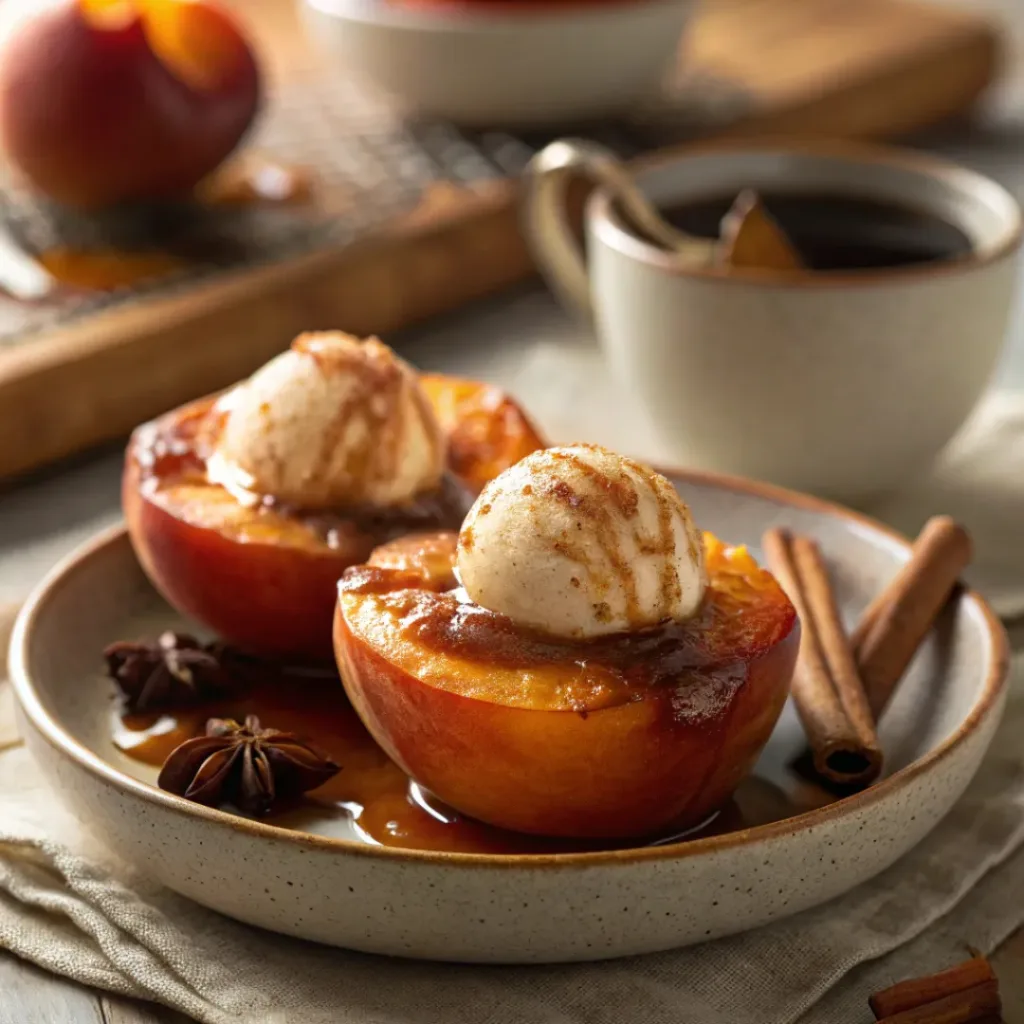 Cinnamon Baked Peaches – Warm & Cozy Easy Dessert 8 Baked peaches served with ice cream and cinnamon syrup