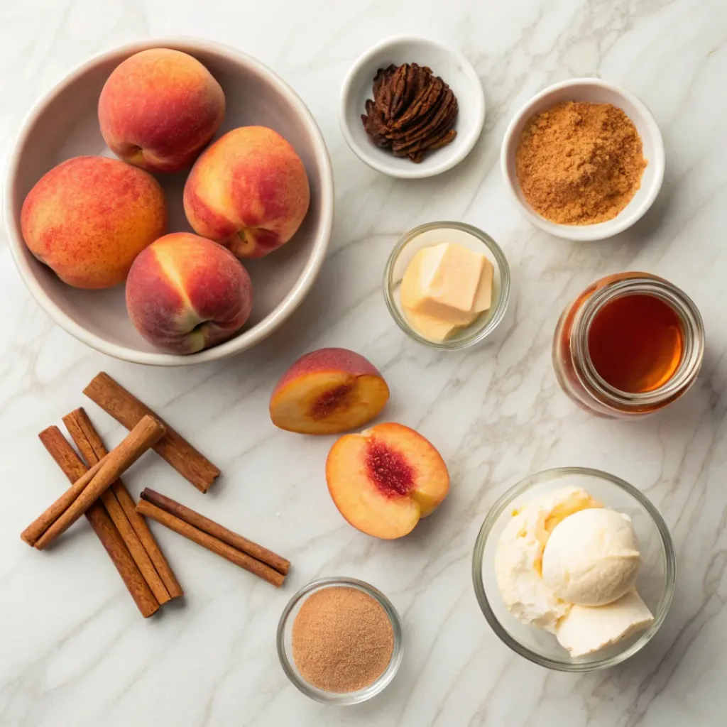 Cinnamon Baked Peaches – Warm & Cozy Easy Dessert 6 Flat lay of peaches, cinnamon, butter, sugar, and dessert ingredients