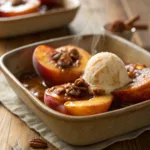 Warm baked peaches with cinnamon and vanilla ice cream