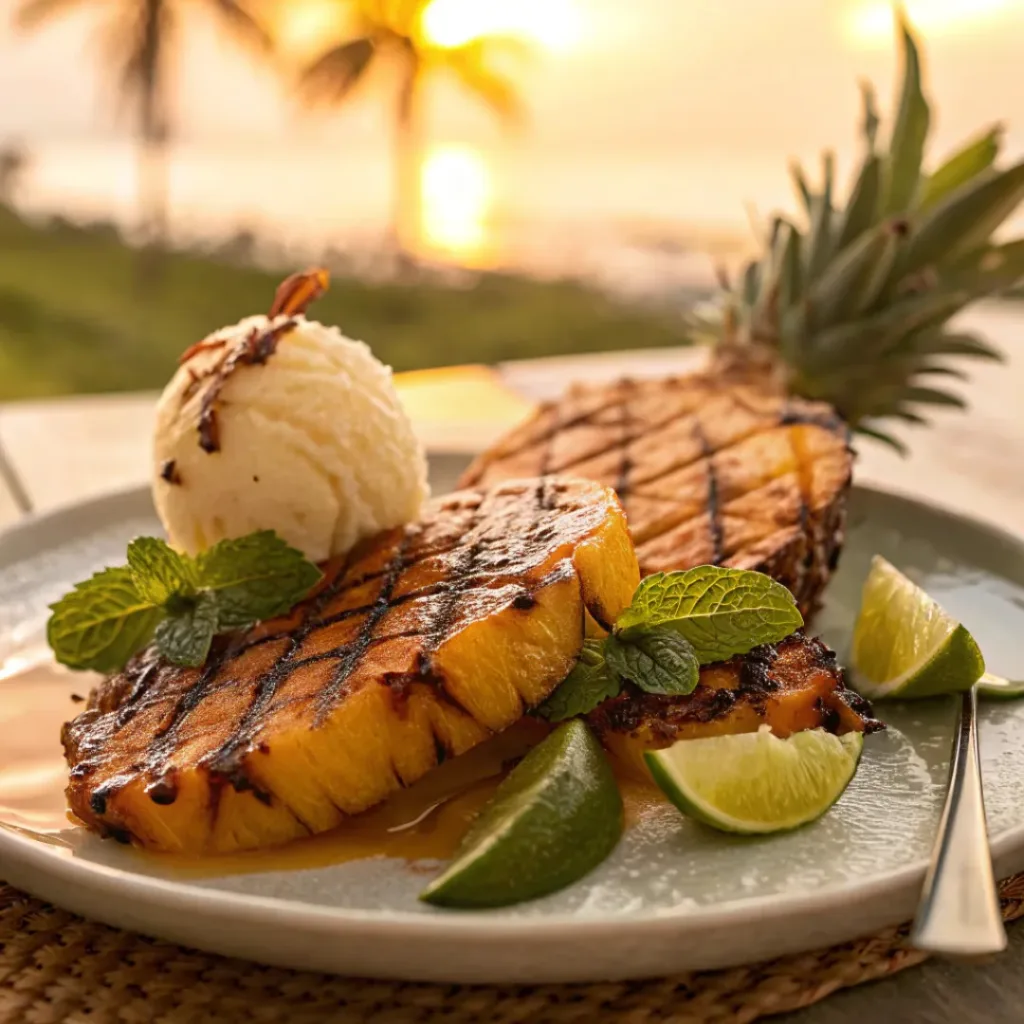 Cinnamon Honey Grilled Pineapple – Sweet, Caramelized & Tropical Dessert 8 Warm grilled pineapple with cinnamon glaze and mint garnish