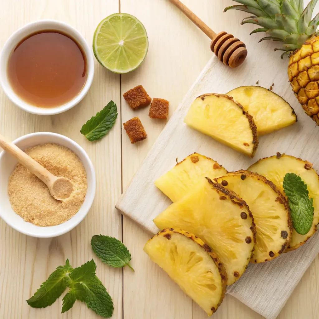 Cinnamon Honey Grilled Pineapple – Sweet, Caramelized & Tropical Dessert 6 Flat lay of pineapple, honey, cinnamon, and grilling ingredients