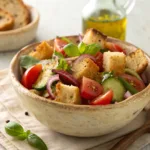 Panzanella salad with tomatoes, bread, cucumber, and basil