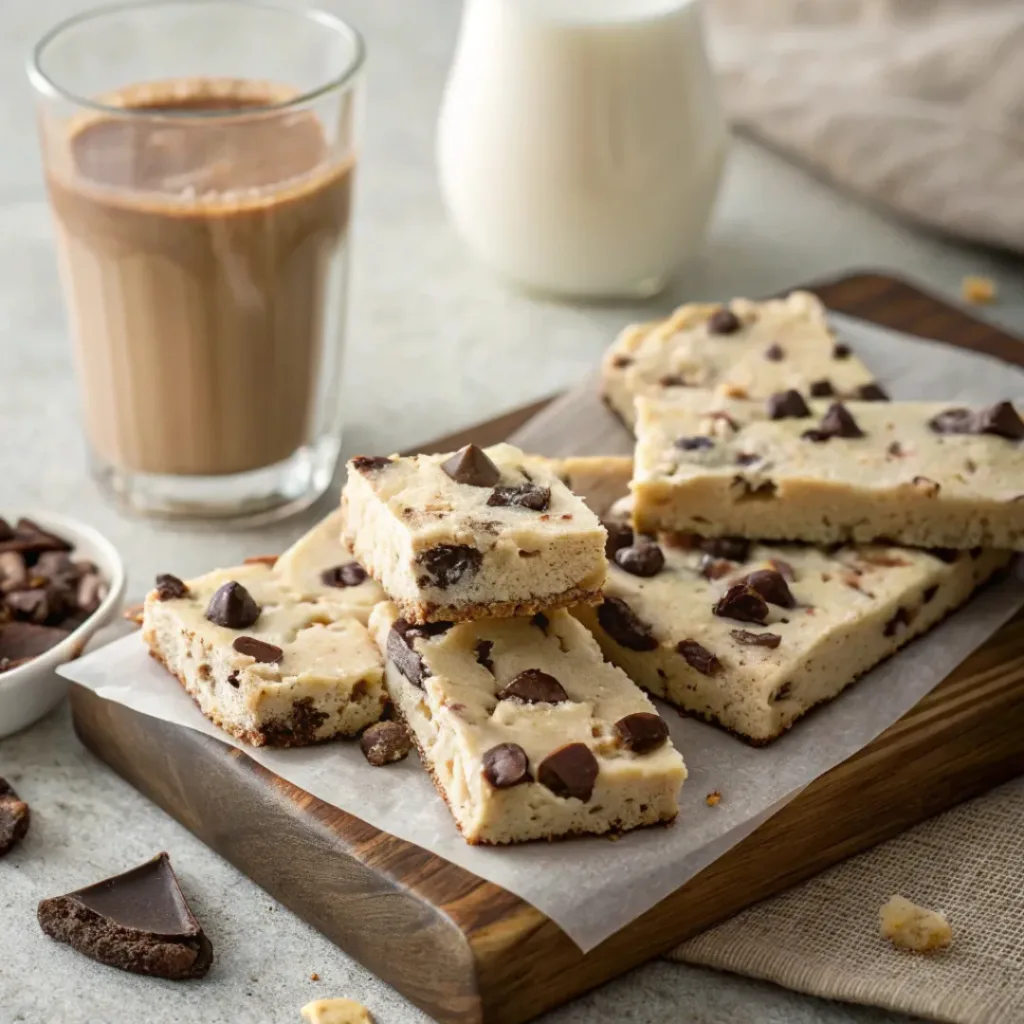 Cookie Dough Bark – No-Bake Chocolatey Sweet Treat 8 Cookie dough bark served with milk and chocolate pieces