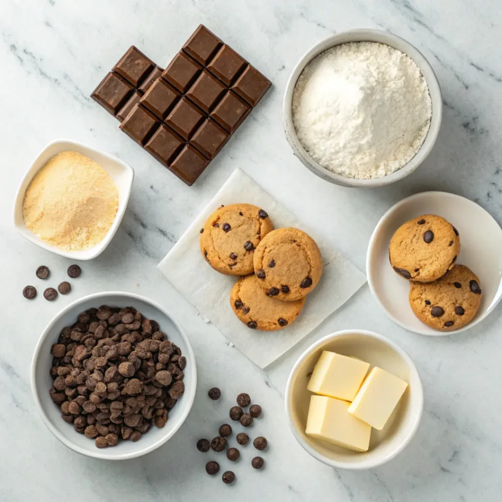 Cookie Dough Bark – No-Bake Chocolatey Sweet Treat 6 Flat lay of cookie dough, chocolate chips, and baking ingredients