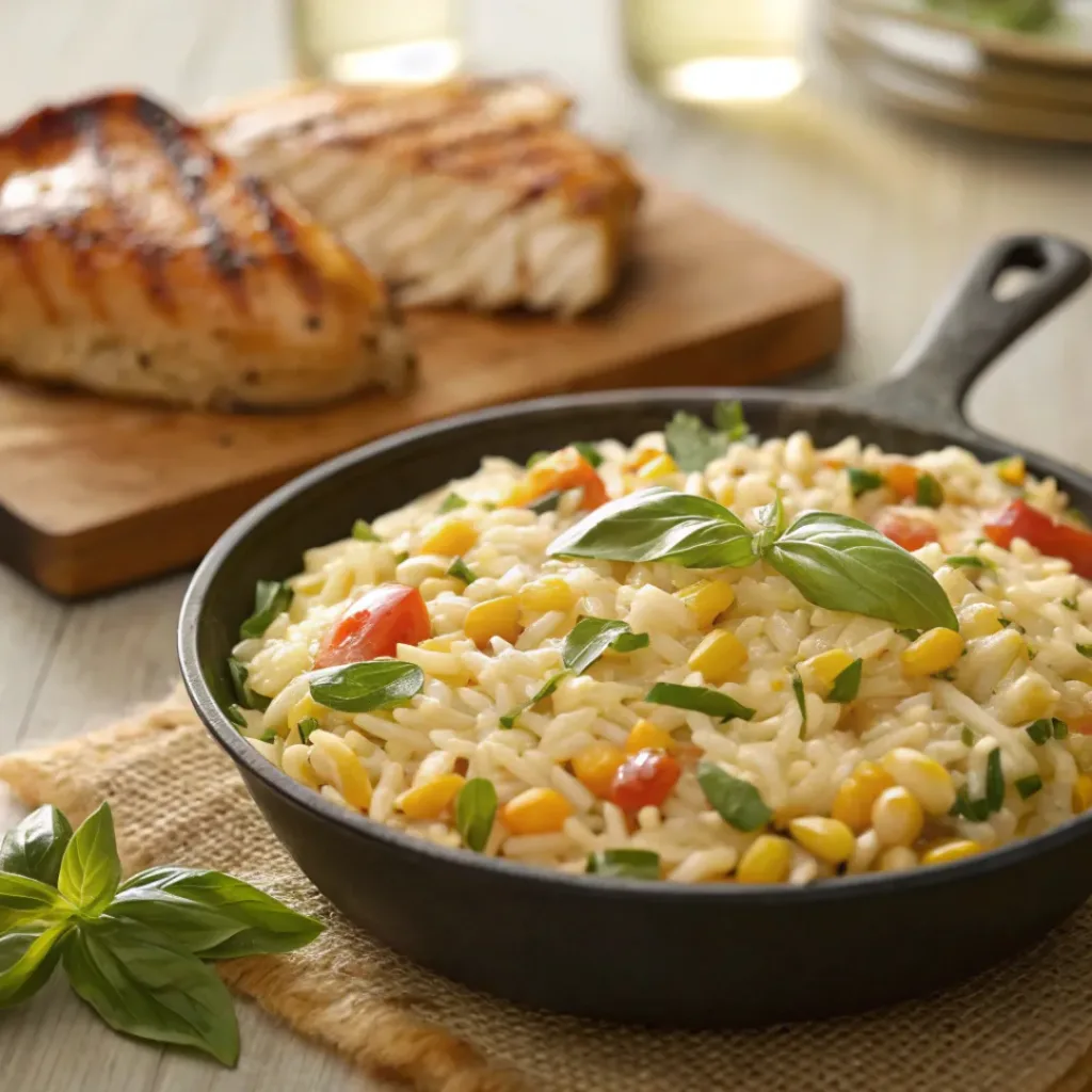 Corn and basil orzo skillet served with grilled dishes