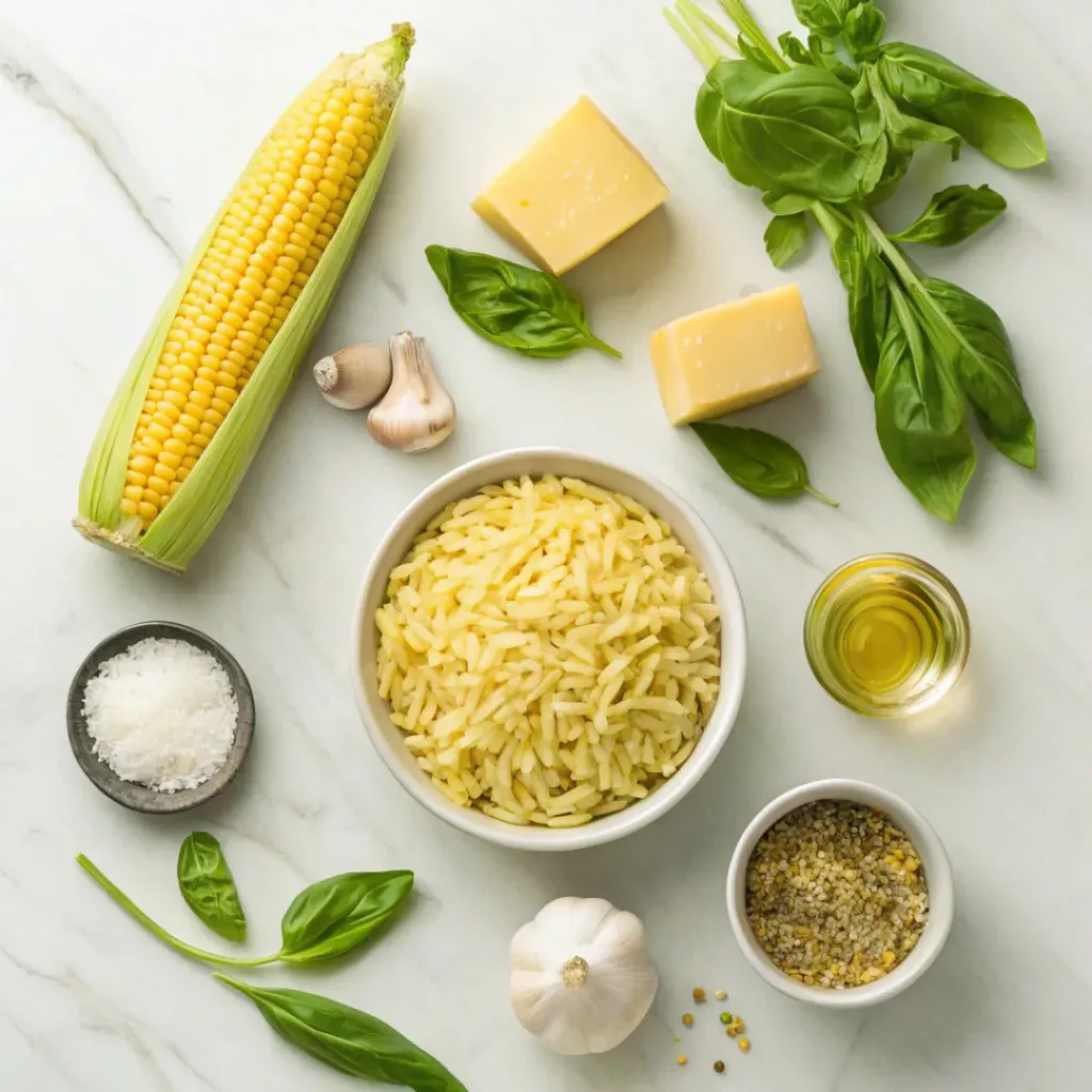 Flat lay of orzo, corn, basil, garlic, and parmesan