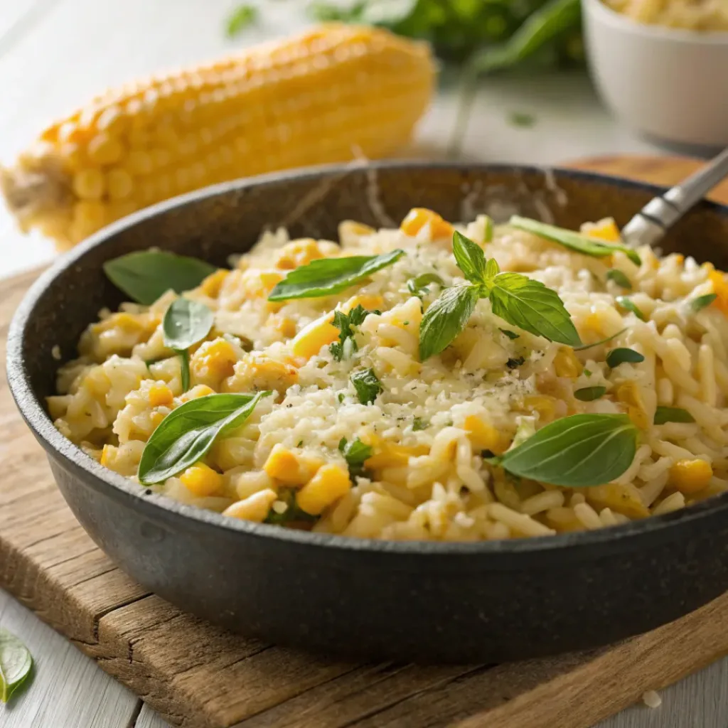 Creamy corn and basil orzo served in skillet