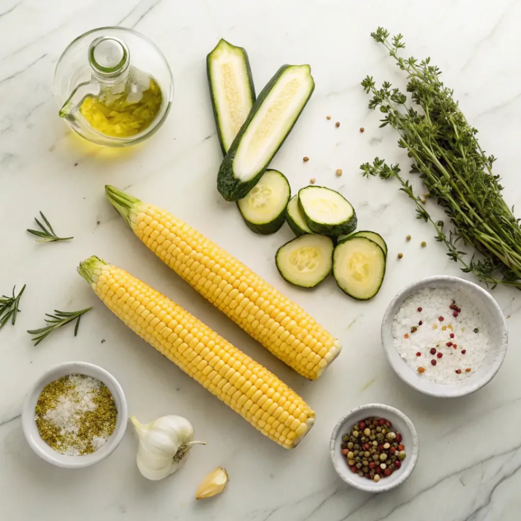 Flat lay of corn, zucchini, garlic, herbs, and oil