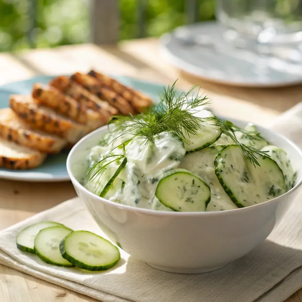 Creamy Dill Cucumber Salad – Cool, Fresh & Creamy Side Dish 8 Creamy cucumber salad served with grilled foods and picnic dishes