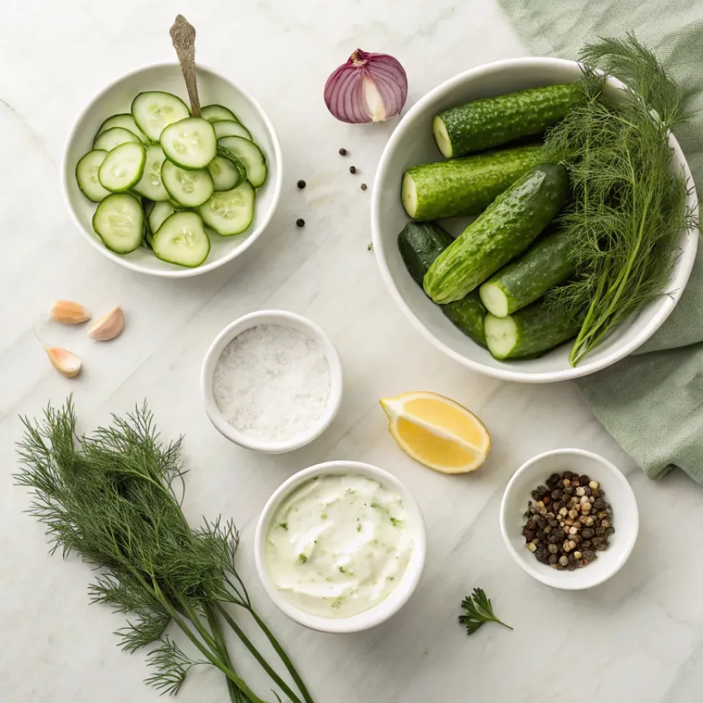 Creamy Dill Cucumber Salad – Cool, Fresh & Creamy Side Dish 6 Flat lay of cucumbers, dill, yogurt, lemon, and salad ingredients