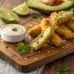 Golden crispy avocado fries with dipping sauce and lime