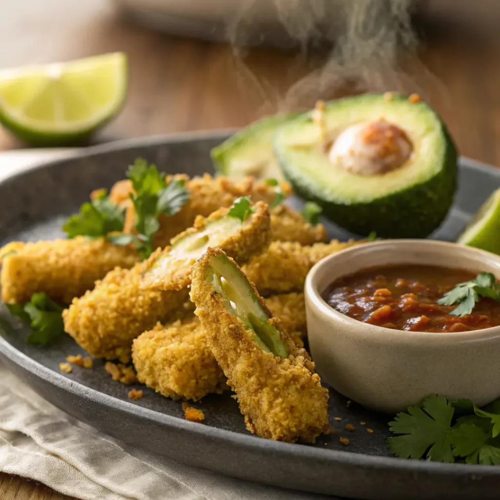 Crispy Avocado Fries – Crunchy, Creamy & Irresistible Snack 8 Golden avocado fries with creamy center and dipping sauce