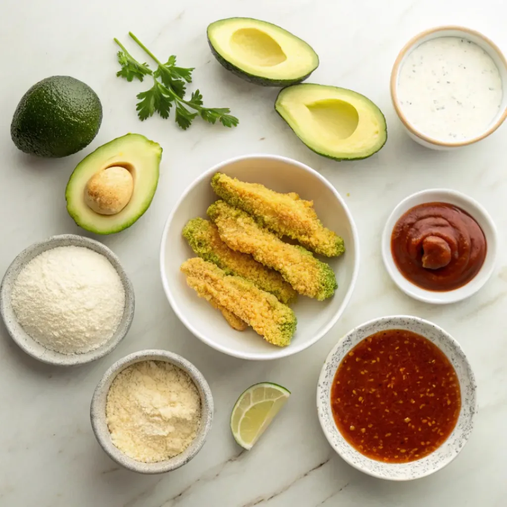 Crispy Avocado Fries – Crunchy, Creamy & Irresistible Snack 6 Flat lay of avocado, breadcrumbs, eggs, and seasoning ingredients