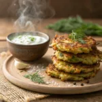 Golden crispy zucchini fritters with creamy dipping sauce