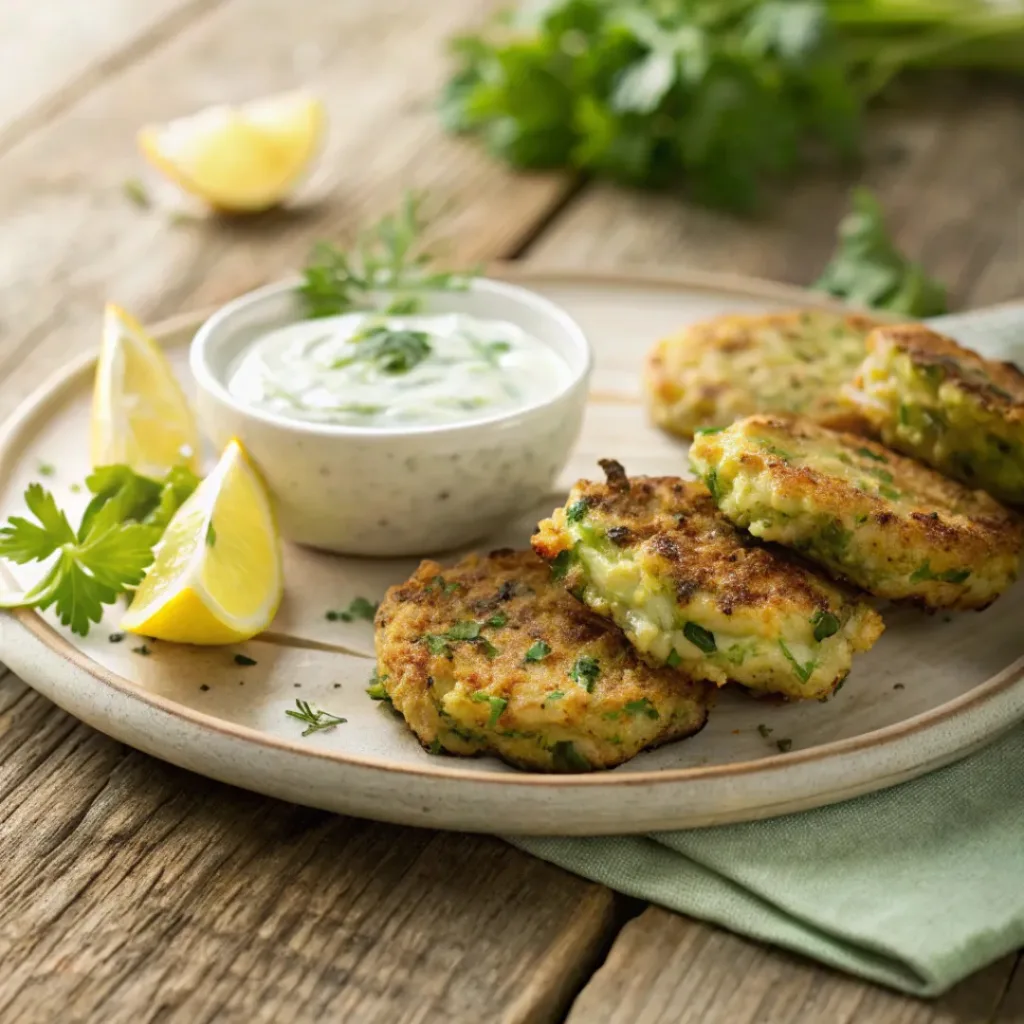 Crispy Zucchini Fritters – Golden, Crunchy & Easy Skillet Recipe 8 Crispy zucchini fritters served with herb dip and lemon wedges